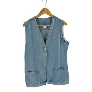 Light Wash Denim Button Front Vest Blue Utility Pocket Minimalist Size XL